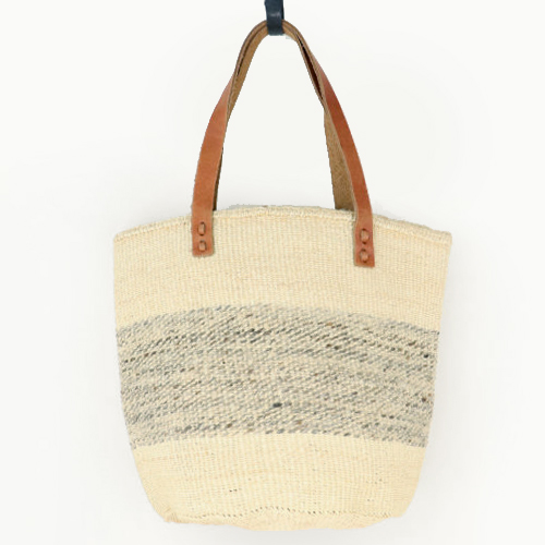 羊毛サイザルバッグ10x12 平革ハンドル薄茶 生成xミックスグレー