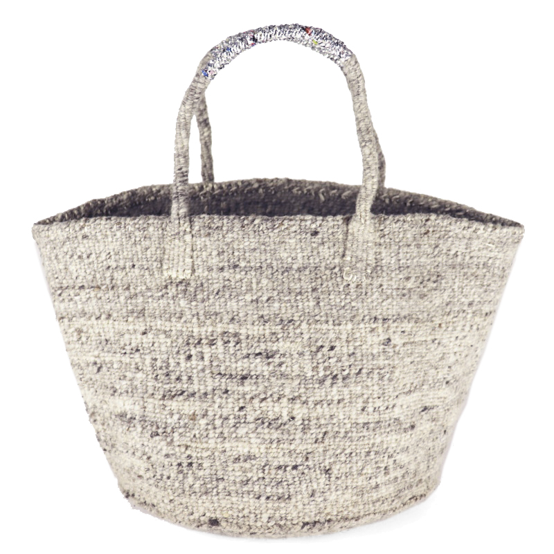 羊毛サイザルバッグ12インチ 羊毛シルバーハンドル ミックスグレー