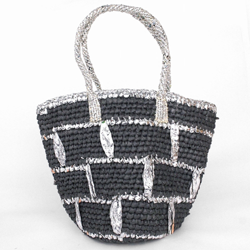 【SALE】プラスチック鍵編みバッグ共手8x12 ストライプ グレーxシルバー @5800→5000