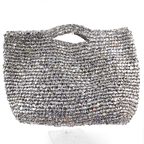 プラスチック鍵編みバッグ楕円底続きハンドル14x5x12 シルバー