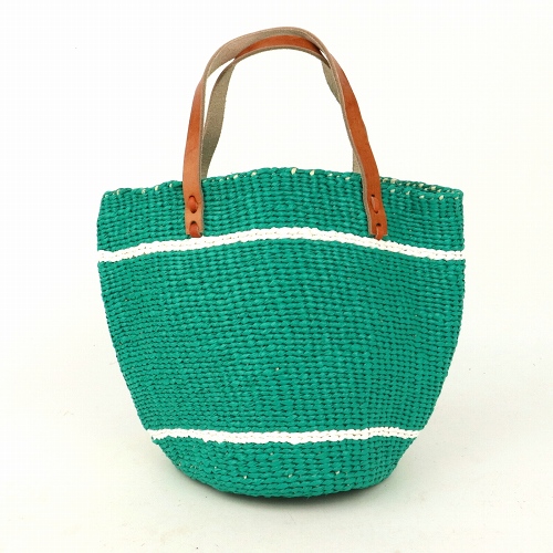 【SALE】プラスチックサイザルバッグ丸底 平革ハンドル 細ボーダー 緑x白 @3000→2000