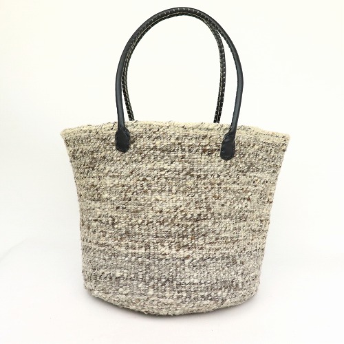 羊毛サイザルバッグ10x12 丸革ハンドル黒 ミックスグレー