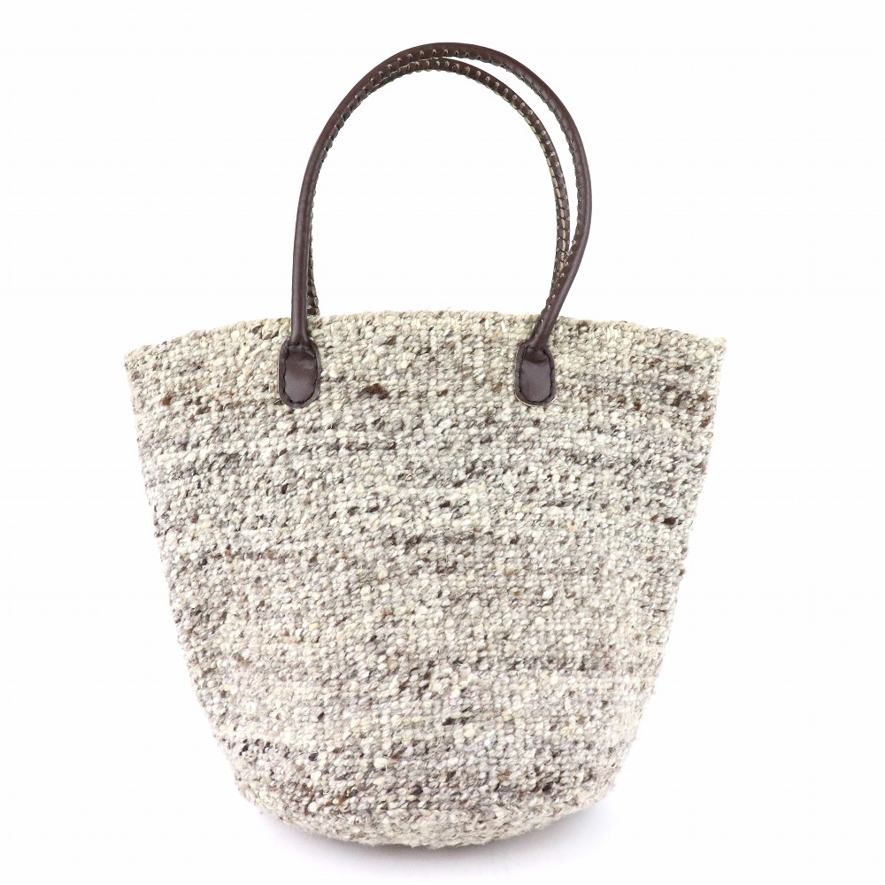 羊毛サイザルバッグ10x12 丸革ハンドル焦げ茶 ミックスグレー