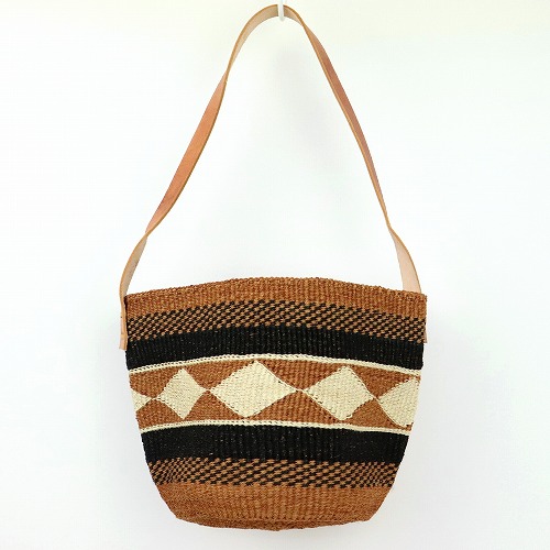 サイザル伝統柄バッグ 平革ワンハンドル茶