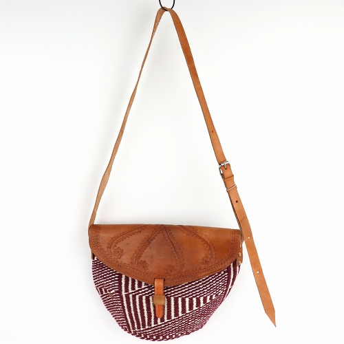 アクリルxサイザルバッグ 中 革フラップ マルーン