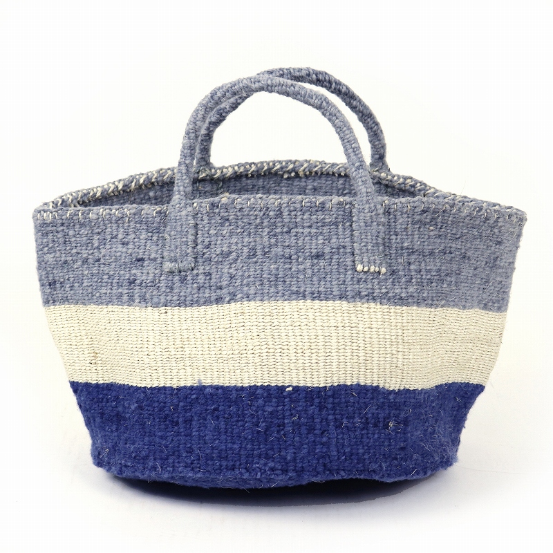 羊毛サイザルバッグ共手12x8 ボーダー 濃紺x生成サイザルxグレー