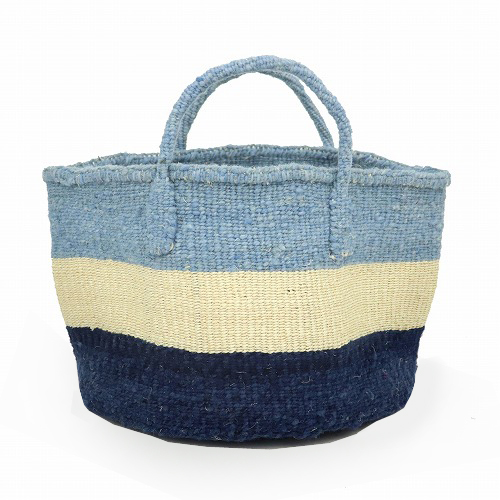 羊毛サイザルバッグ共手12x8 ボーダー 濃紺x生成サイザルxサックス