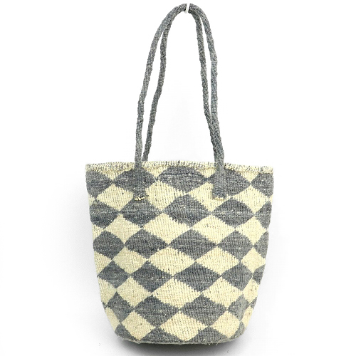 オール羊毛サイザルバッグ10x12共手 ダイヤ 生成xグレー