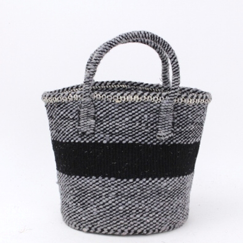 羊毛アクリルサイザルバッグ共手8インチ ミックスワンボーダー ミックスグレー羊毛x黒アクリル