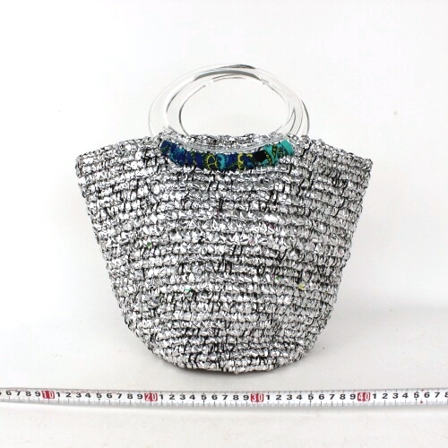 シルバーかぎ編みバッグ丸底0x14 クリアハンドル裂布留 20SS一点 @5800→4640円