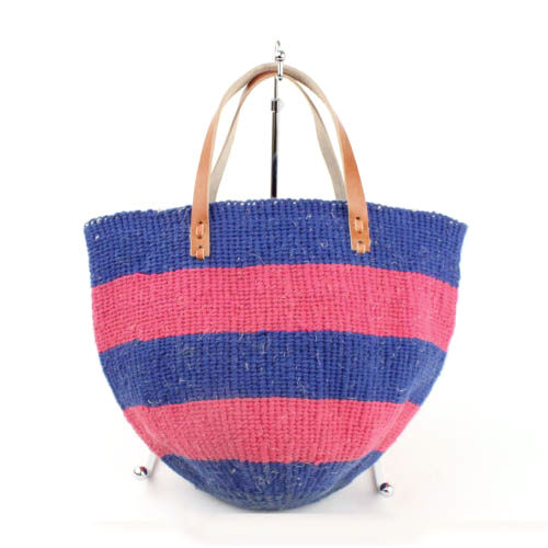 オーガニックコットンサイザルバッグ丸底0x12 平革ハンドル茶 ストライプ 青xフシア 20SS一点 @7000→5600円