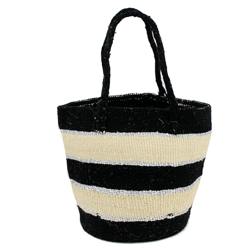 【SALE】アクリルプラスチックサイザルバッグ共手10x11 ボーダー 黒x生成xプラチナ @7500→4000