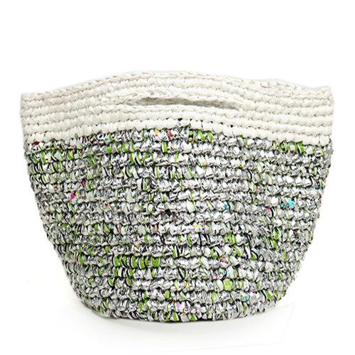 プラスチックかぎ編みバッグ丸底0x14 リム マルチホワイトxプラチナ