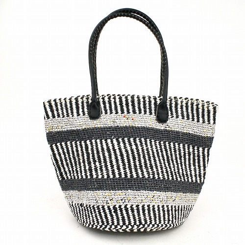 プラスチックサイザルバッグ9x10 丸革ハンドル黒 伝統柄 黒x白xシルバーxグレー