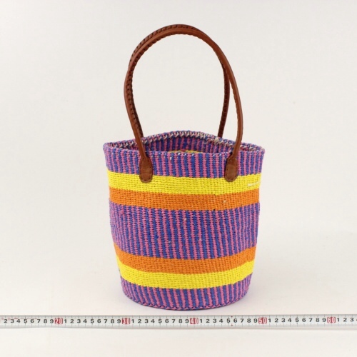 プラスチックサイザル9x10 丸革ハンドル茶 伝統柄 ピンクxサックスx黄xオレンジ 20SS一点 @7800→6240円