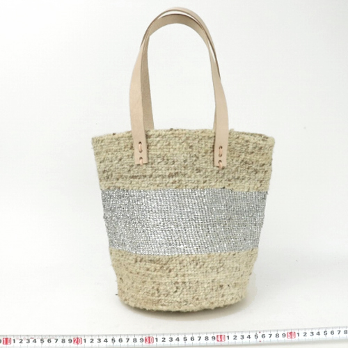 羊毛サイザルバッグ9x11 平革ハンドル生成 ミックスグレーxプラチナ