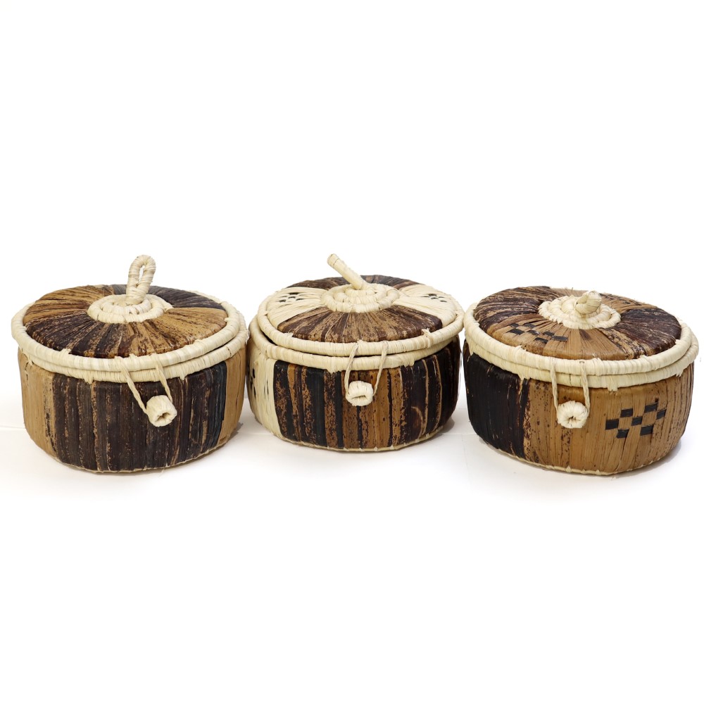 ラフィアバナナかご5x3 蓋付き 市松模様