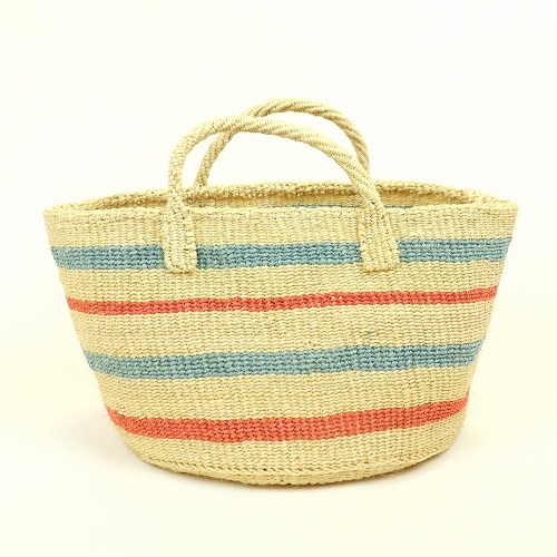 サイザルバッグ12x8 カラフルボーダー 生成xピンクxサックス