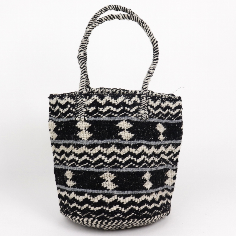 オール羊毛サイザルバッグ10インチ共手 ミックスハンドル 波とダイヤ 黒x生成xダークグレー