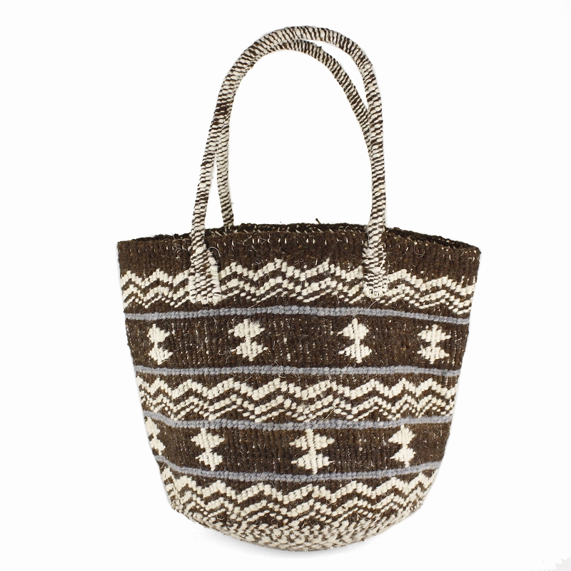 オール羊毛サイザルバッグ10インチ共手 ミックスハンドル 波とダイヤ 焦げ茶x生成xダークグレー