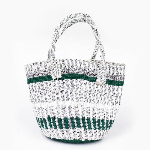 プラスチックサイザルバッグ0x11共手丸底 スタンディングストライプ 緑xシルバーx白