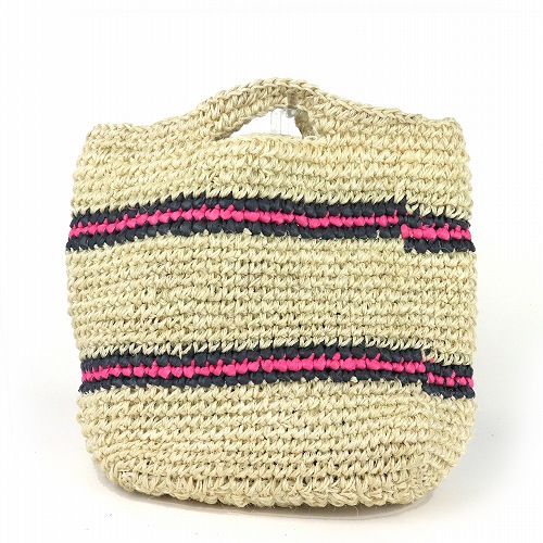 プラスチックサイザルかぎ編かご10x6x12楕円底 続ハンドル サンドボーダー 生成xグレーxピンク