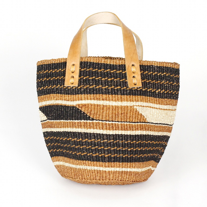 サイザル伝統柄バスケット 中 平革太ハンドル茶