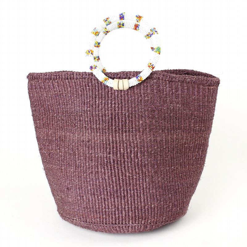 サイザルバッグ9インチ ビーズリングハンドル大白マルチ ワイン