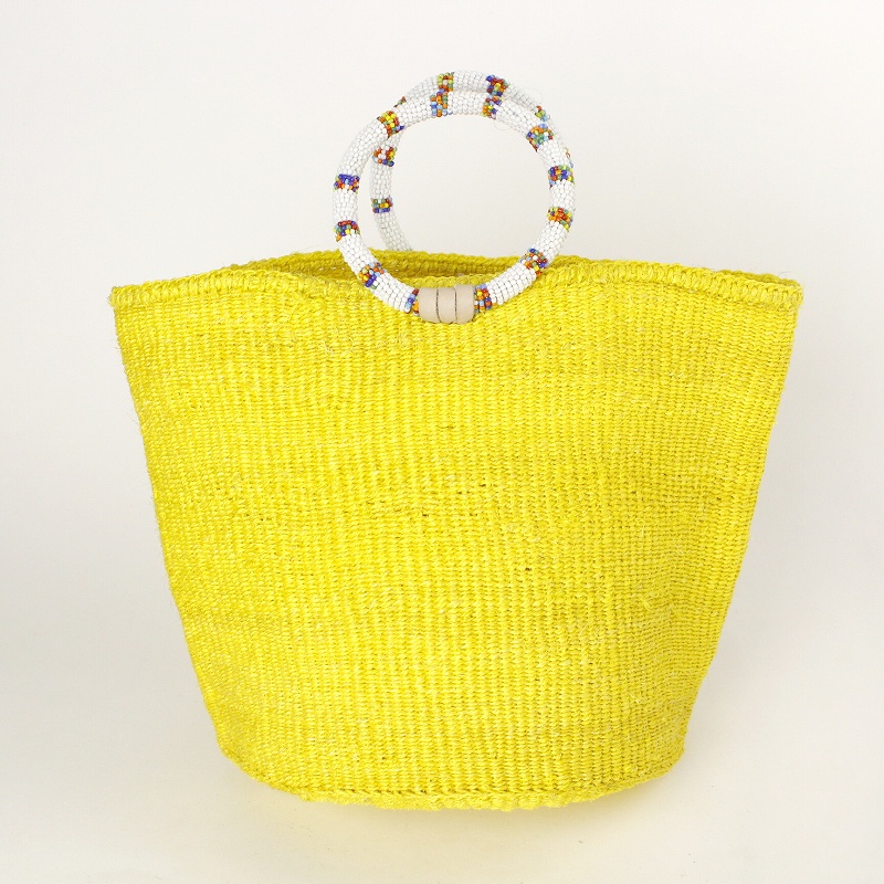 サイザルバッグ9インチ ビーズリングハンドル大白マルチ 黄