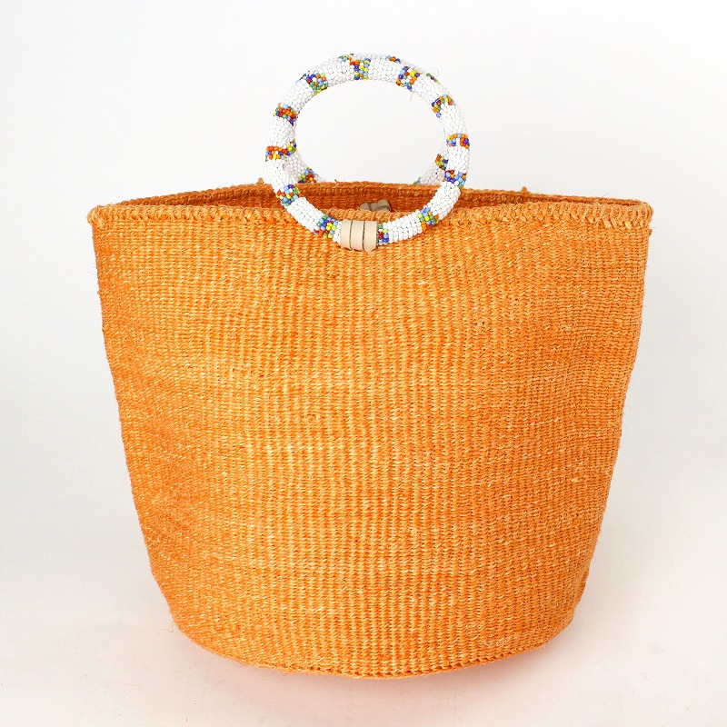 サイザルバッグ9インチ ビーズリングハンドル大白マルチ オレンジ