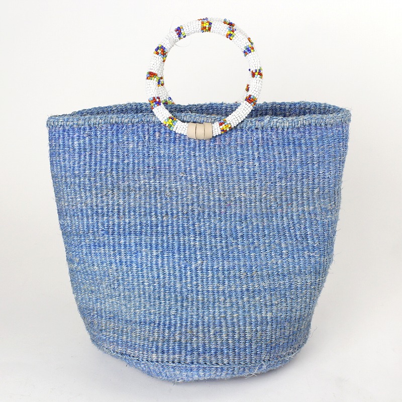 サイザルバッグ9インチ ビーズリングハンドル大白マルチ サックス