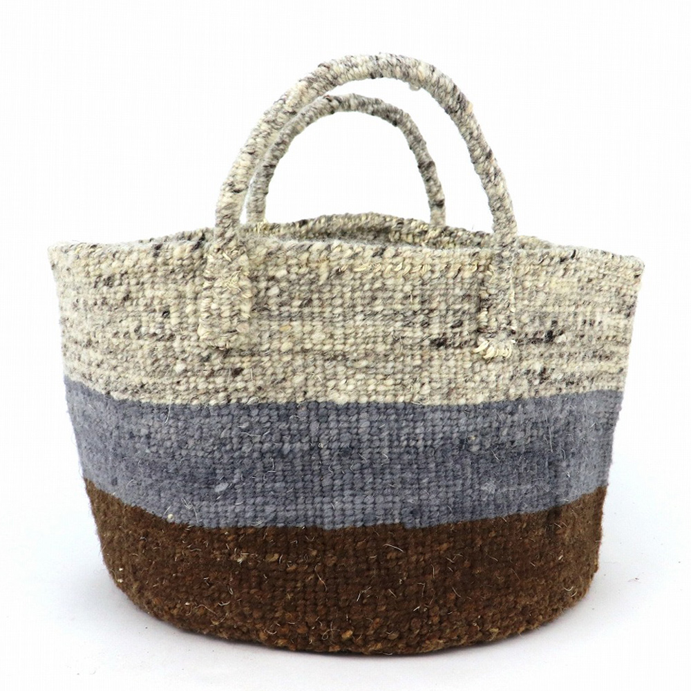 オール羊毛サイザルバッグ共手12x8 ボーダー 焦げ茶xダークグレーxミックスグレー