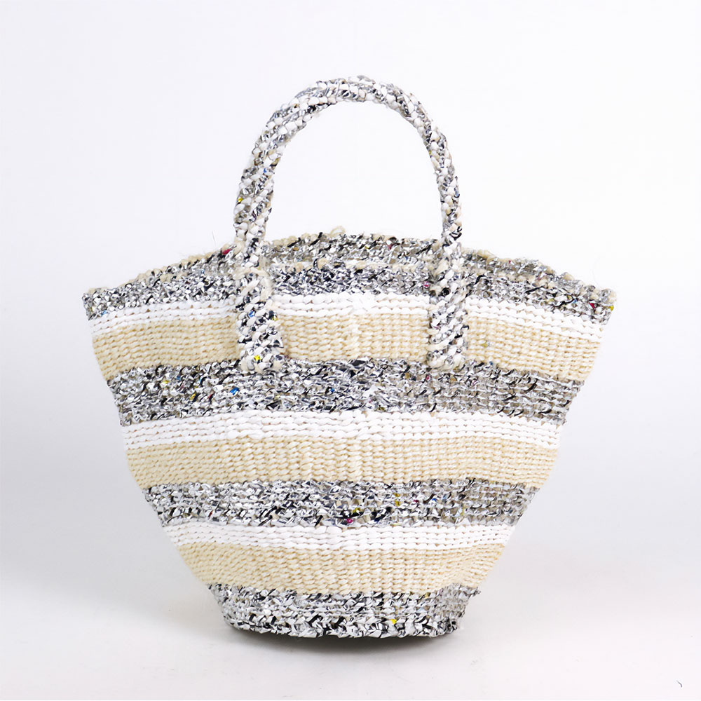 プラスチックサイザルバッグ共手5x8 オキクフォルム シルバーx白x生成サイザル