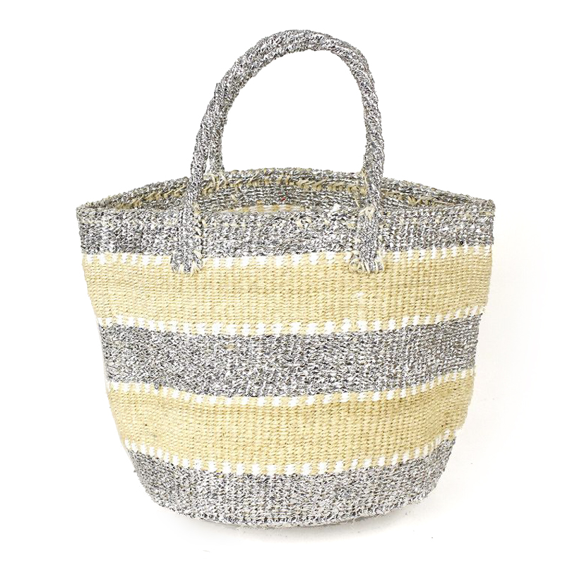 プラスチックサイザルバッグ共手9インチ ストライプミックス プラチナx白x生成サイザル