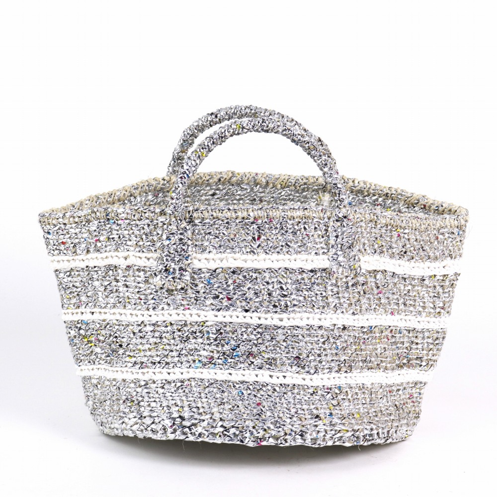 プラスチックサイザルバッグ共手12x8 ムツリマライン シルバーx白