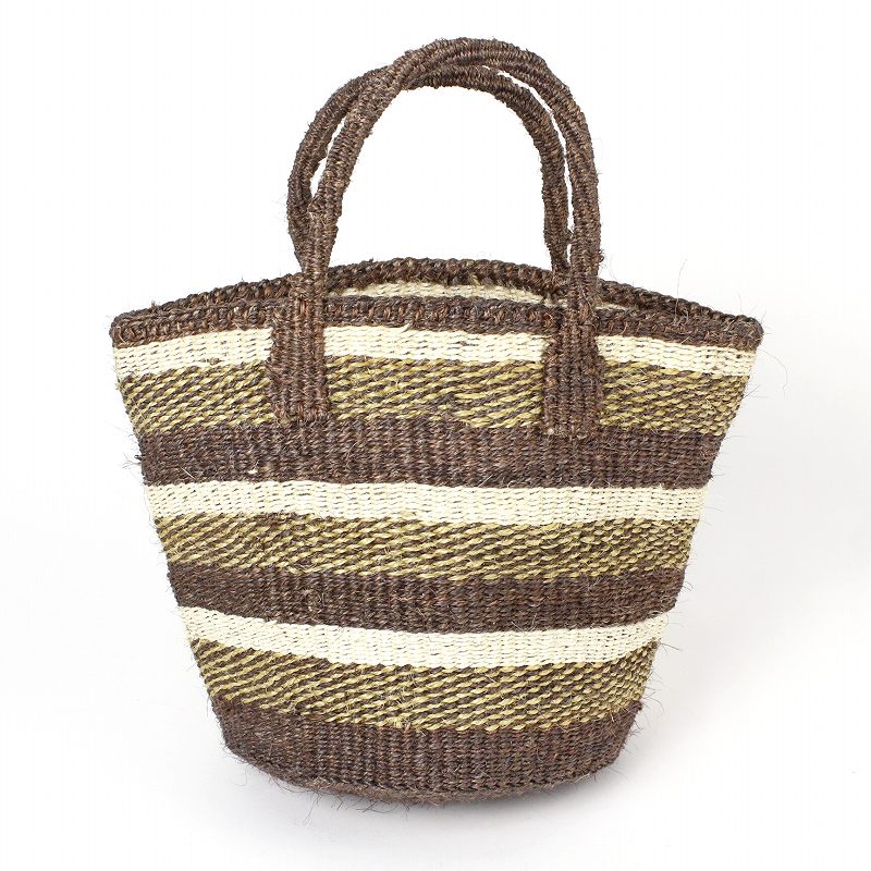草木染サイザルバッグ共手8x9 ミックスストライプ 薄茶x黄x生成