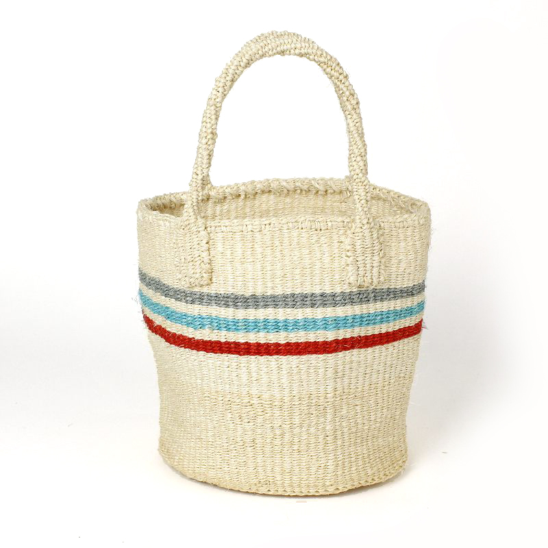 サイザルバッグ共手8インチ 細ボーダー 生成 ピンクxミントxグレー