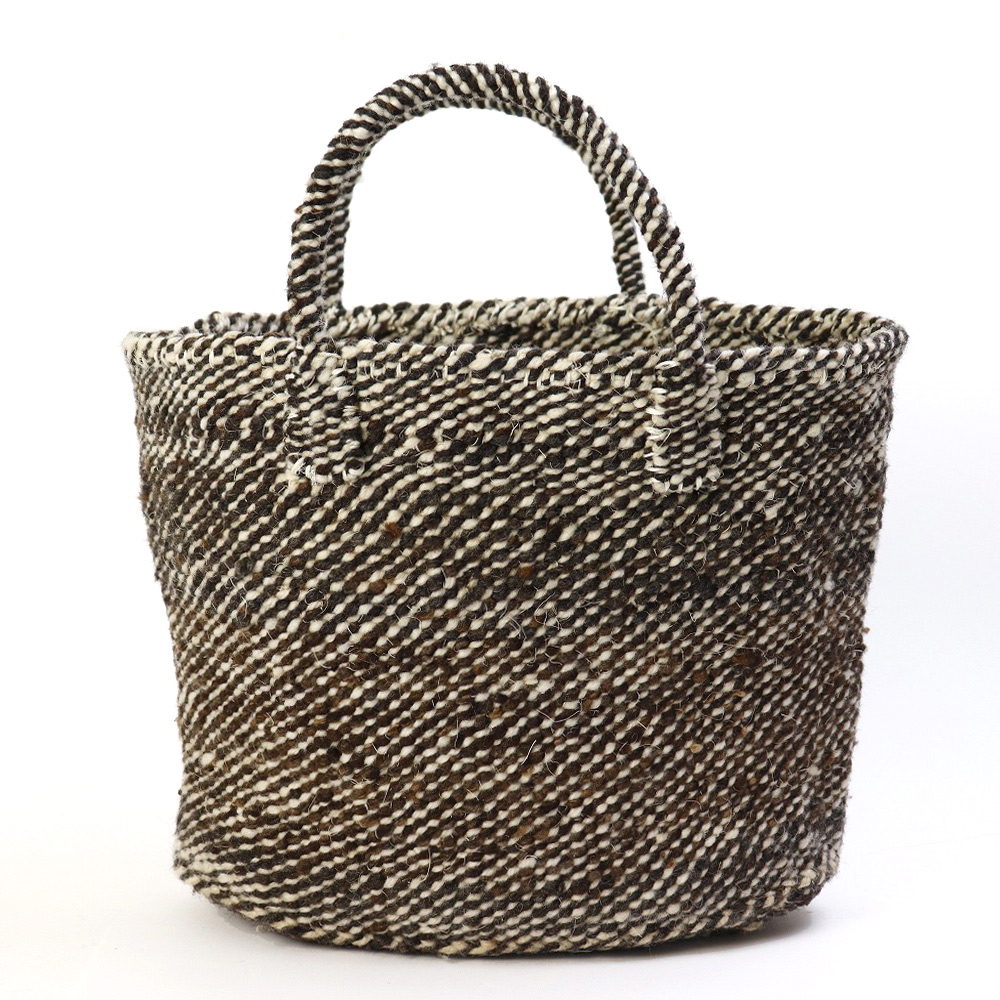オール羊毛サイザルバッグ共手13x6x10 楕円底 ミックス 焦げ茶x生成