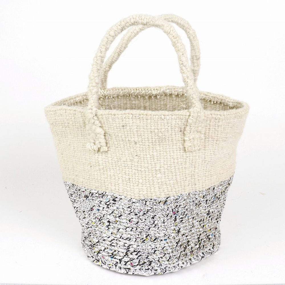 羊毛プラサイザルバッグ共手9インチ ツートーン シルバーx生成