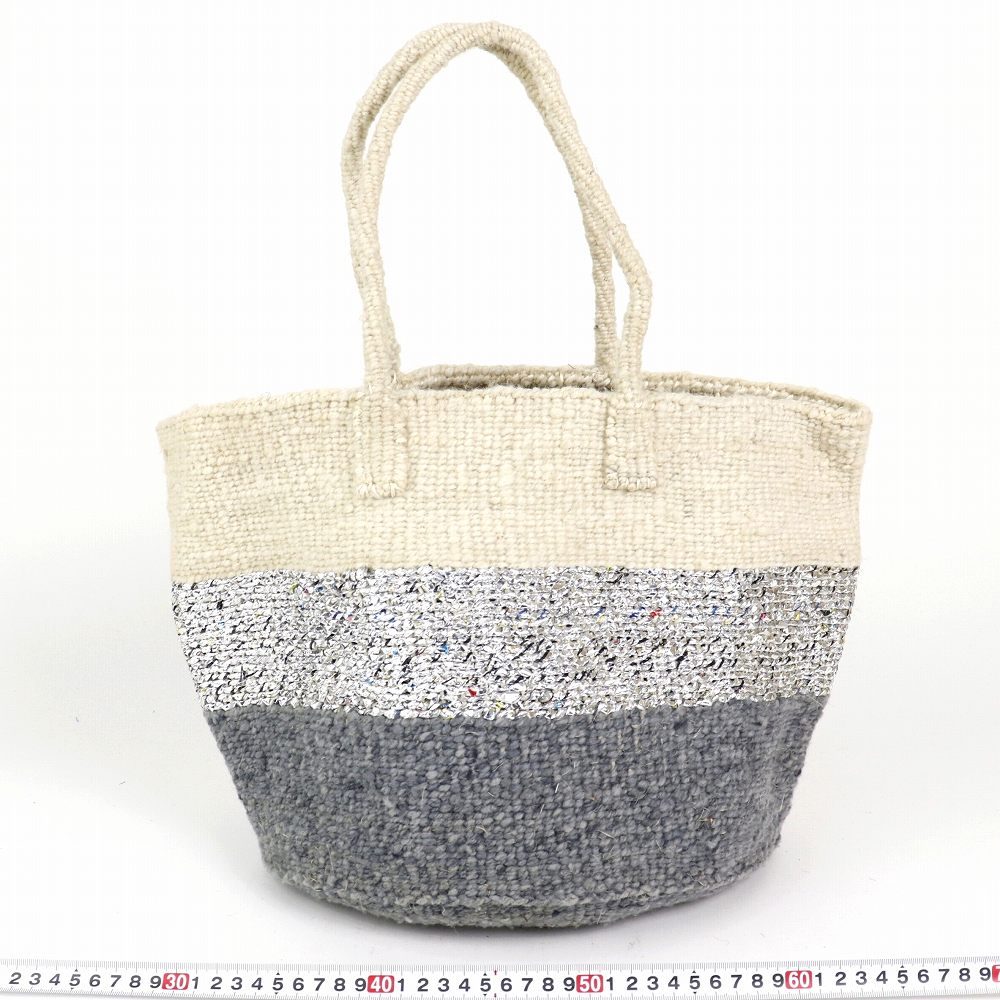 羊毛プラサイザルバッグ共手12インチ ボーダー ダークグレーxシルバーx生成