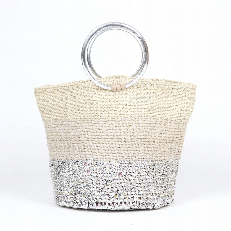 プラスチックサイザルかご8x9 メタルリングハンドル シルバー シルバーxクリアx生成サイザル