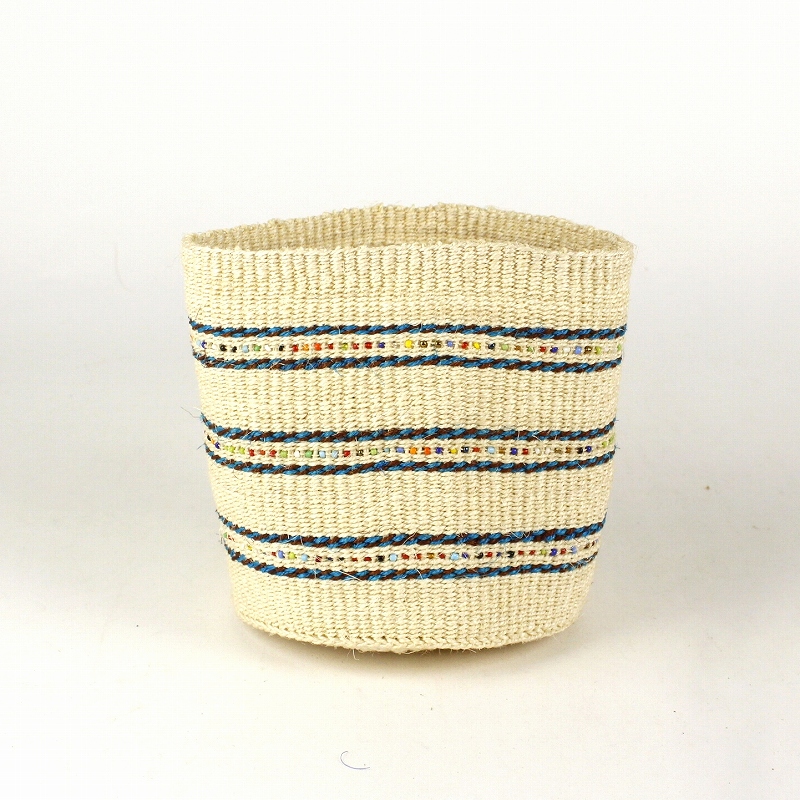 細編みサイザルビーズインテリアかご 生成xターコイズ