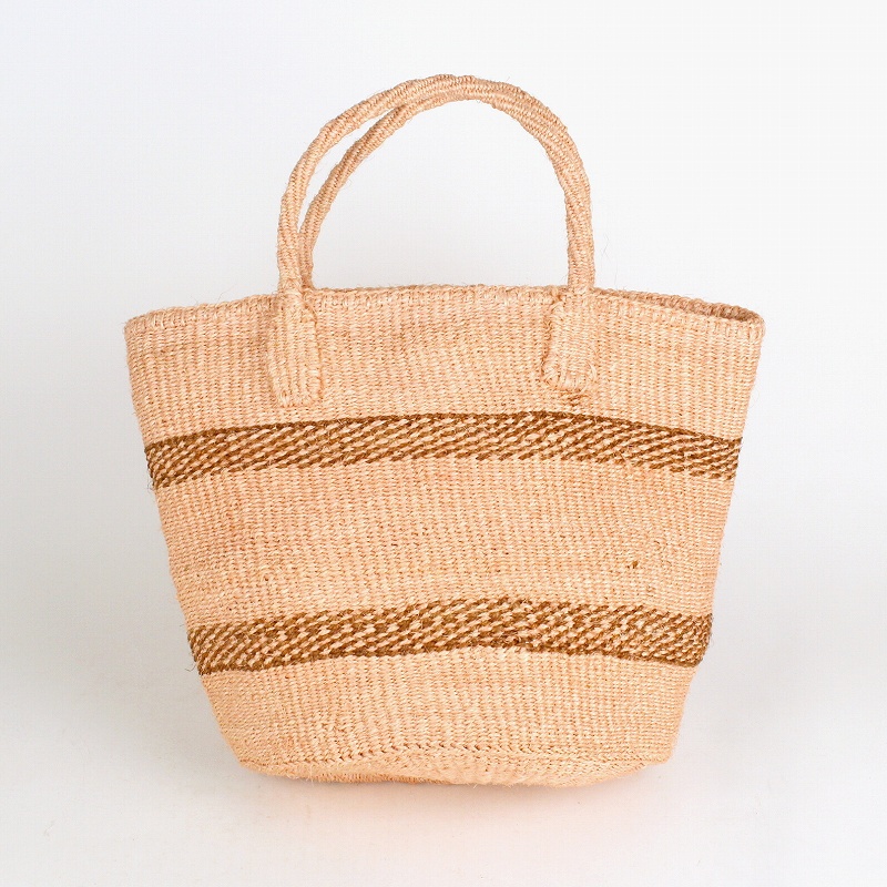 サイザルバッグ共手9インチ 斜線ボーダー サーモンピンクx焦げ茶