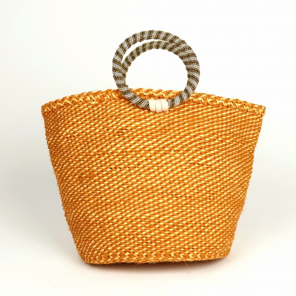 サイザルPBTバッグ ビーズリングハンドル シルバーxゴールド ミックス ブラジリアンマスタード 23SS一点物 @6500→5200円