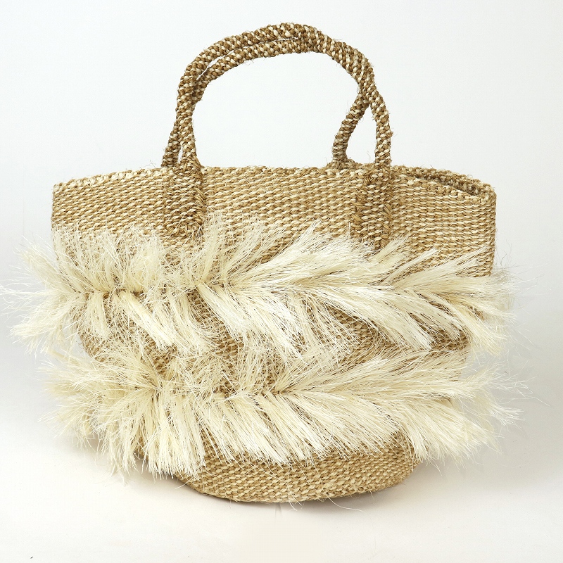 サイザルバッグ共手8x10 ミックスフリンジ 生成xカーキ