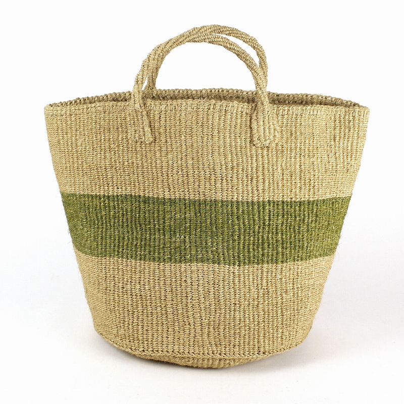 サイザルバッグ12x12 ハンドル短 ボーターツートーン カーキxダークグリーン