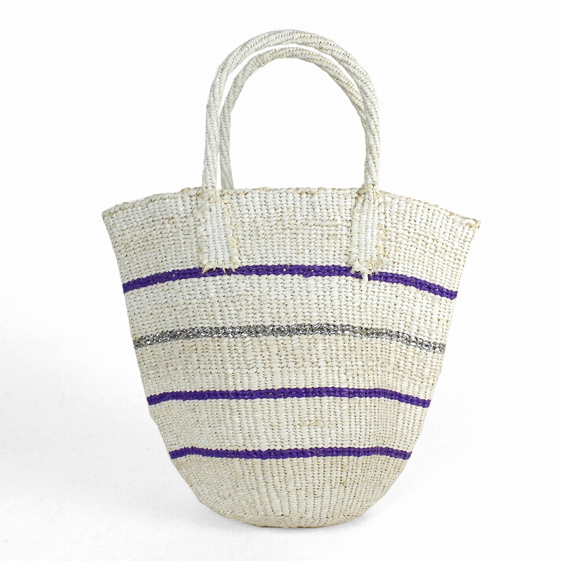 プラスチックサイザルバッグ丸底 細ボーダー 白x紫xプラチナ