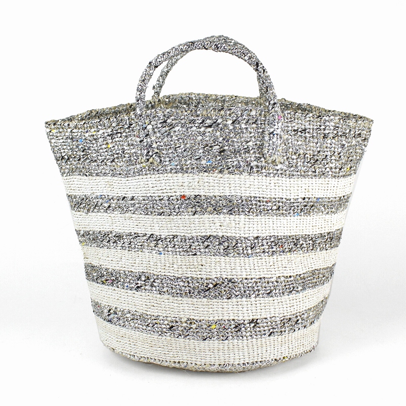 プラスチックサイザルバッグ12x12 ハンドル短 ボーダー シルバーx白