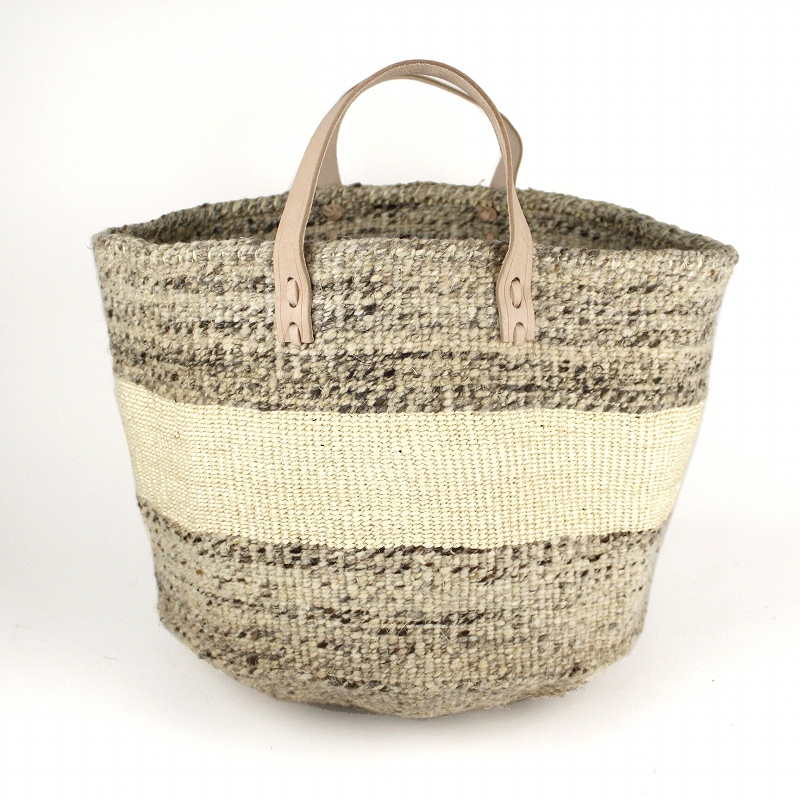 羊毛サイザルバッグ14x10 センターライン 平革ハンドル生成 ミックスグレーx生成