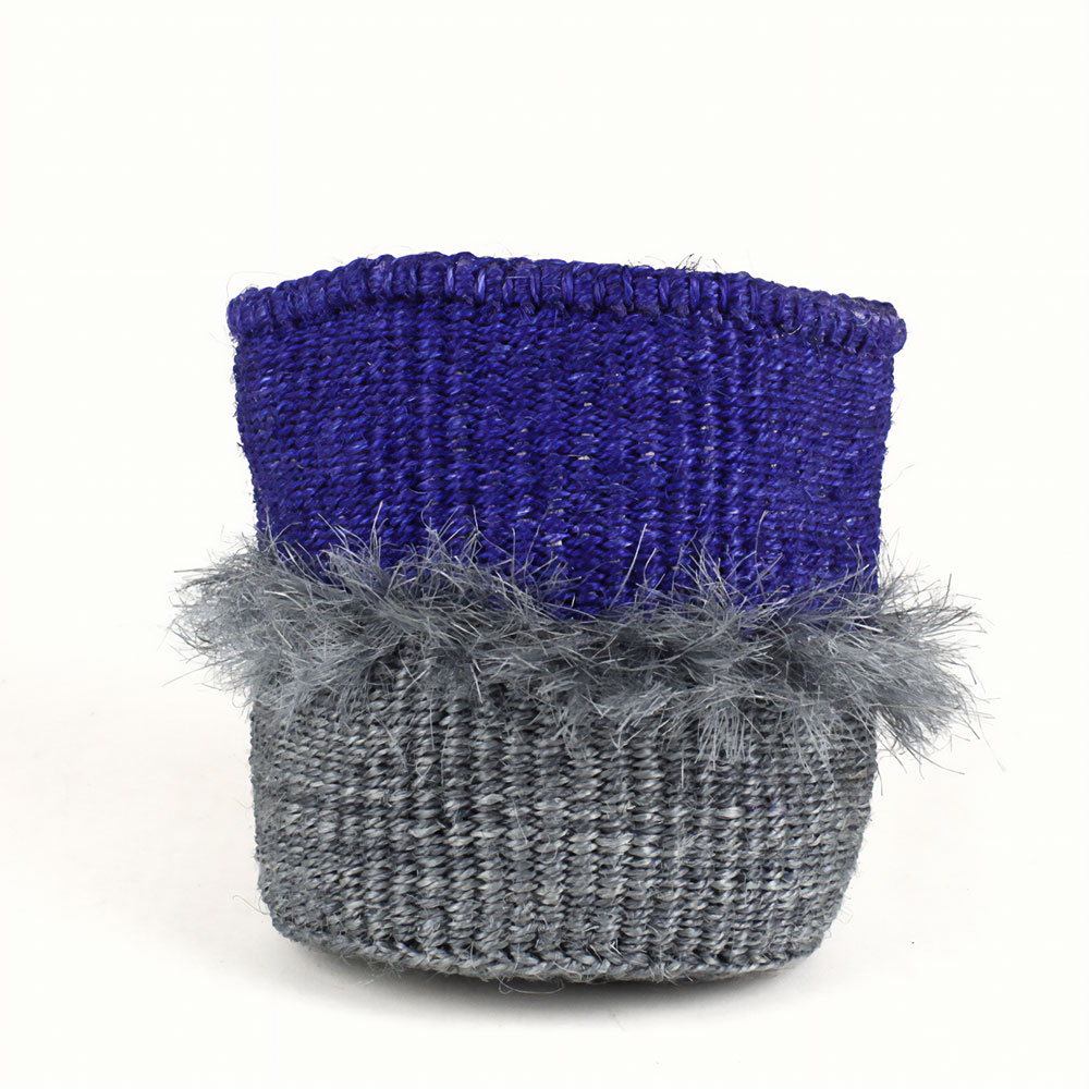 サイザルフリンジインテリアかご グレーx濃紺 23SS一点物 @4800→3840円